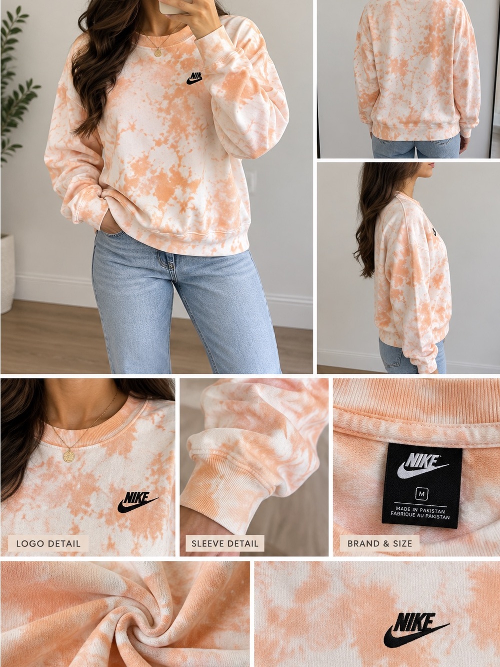 Nike Men’s White & Peach Tie-Dye Crewneck Sweatshirt